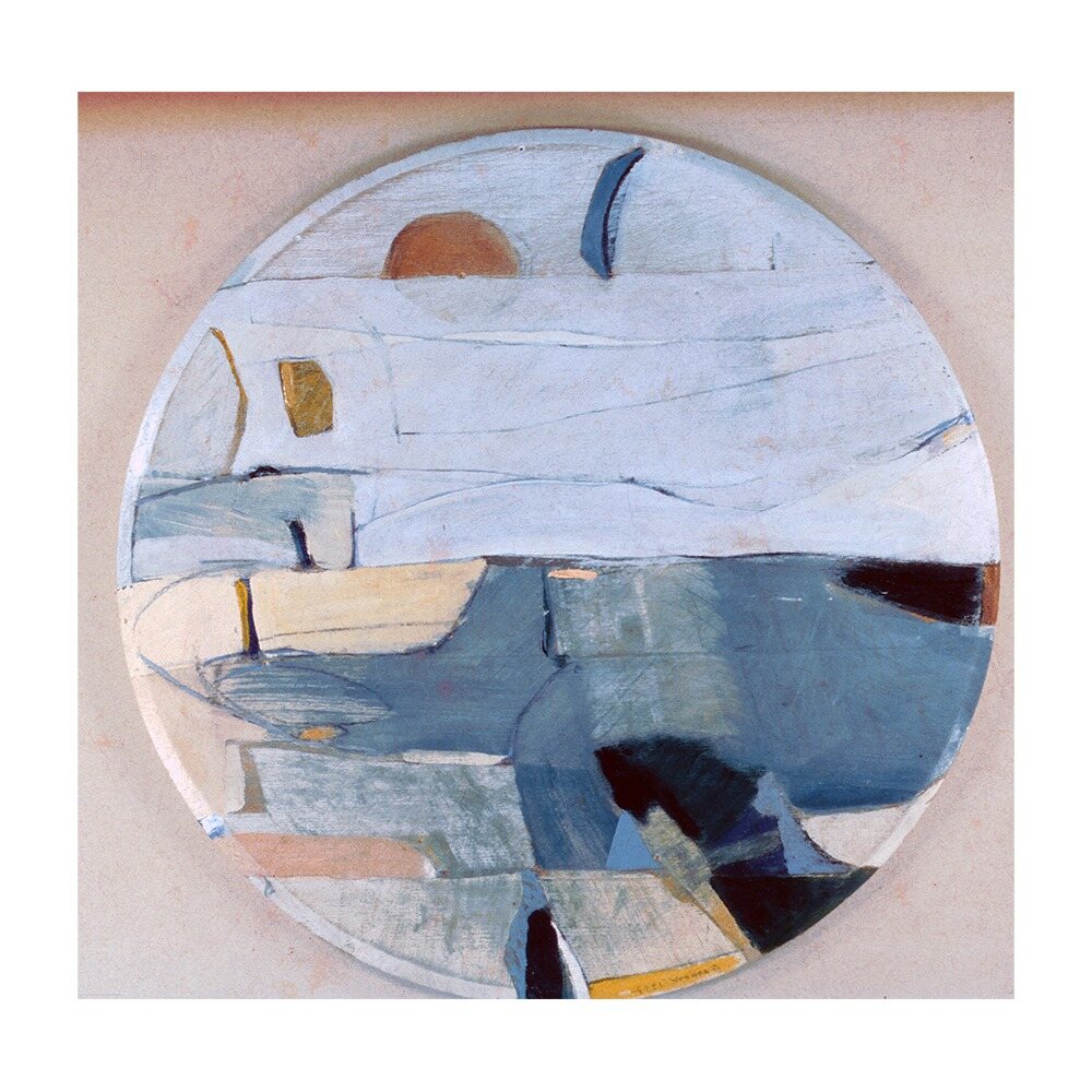 A round painting of a pale landscape under a low sun