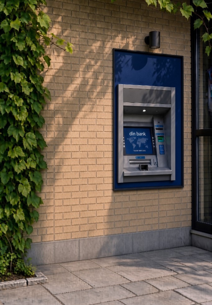 DIN BANK — sketch of an ATM set into a brick wall