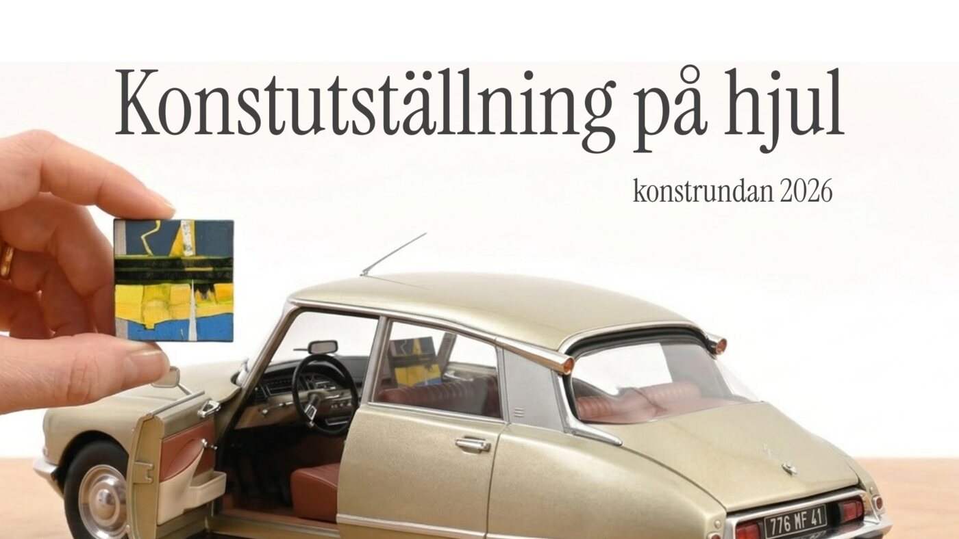 Exhibition poster showing a model Citroën DS and a small painting