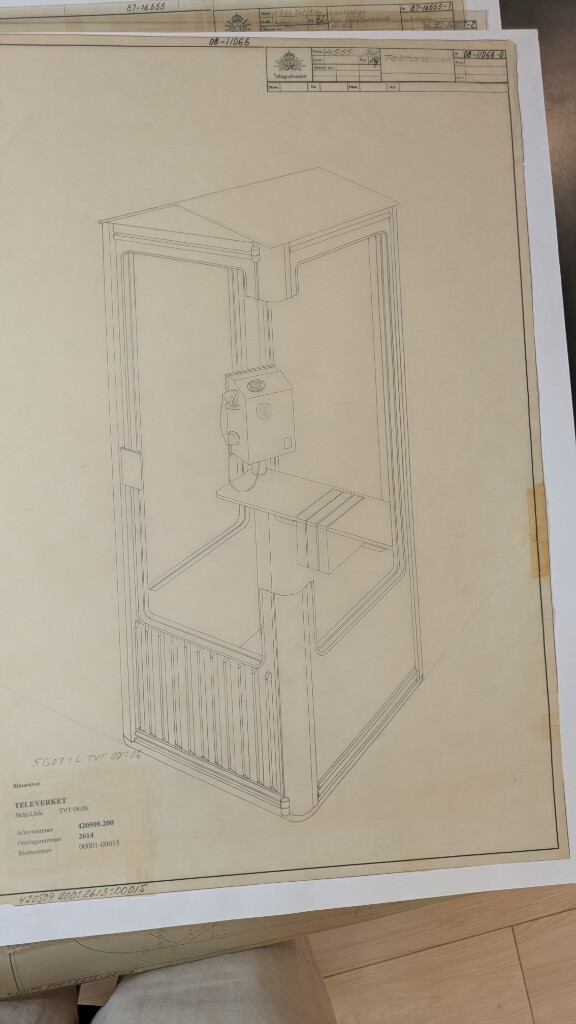 Original Televerket telephone kiosk drawing from Riksarkivet