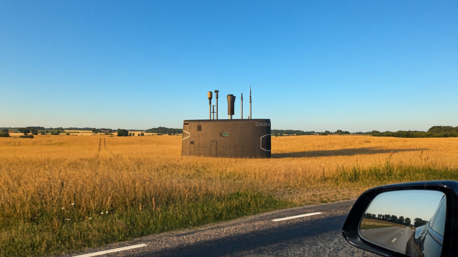 Mockup of the submarine tower in a field of ripe barley, seen from a road